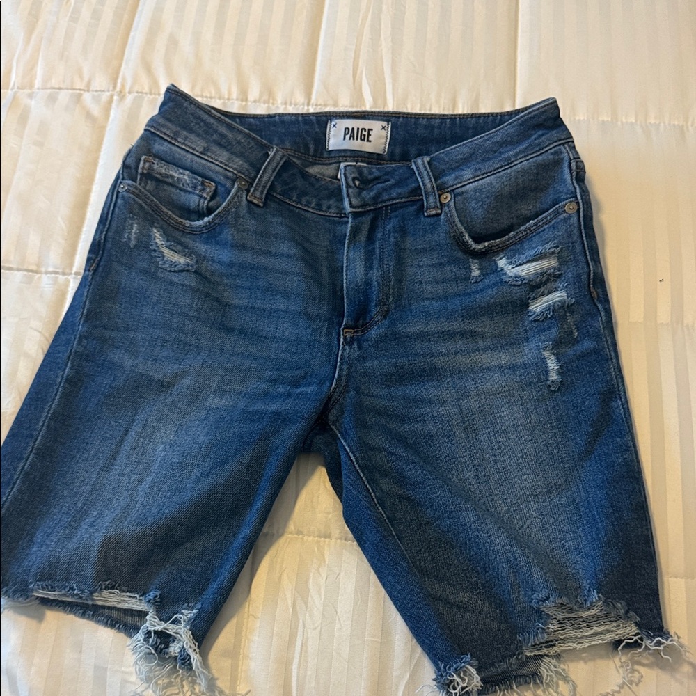 PAIGE Blue Distressed Denim Shorts